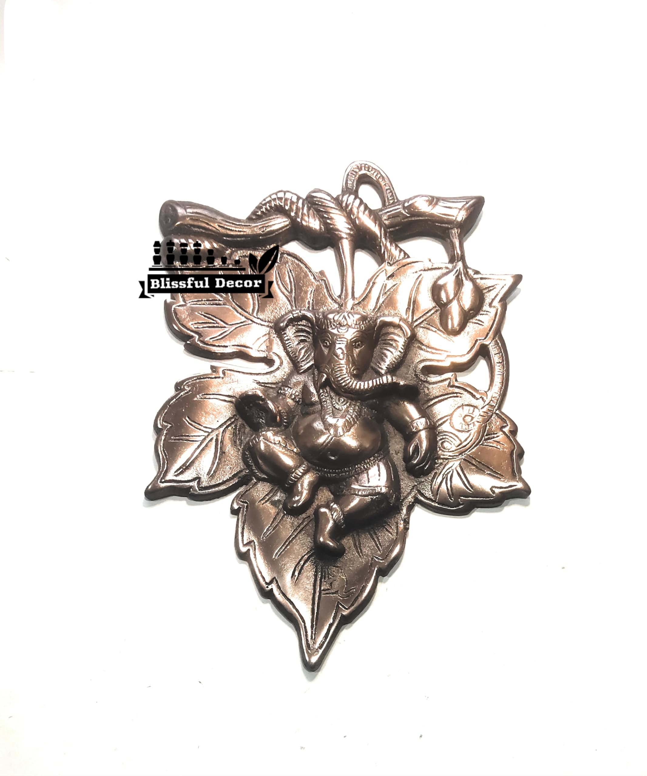 Blissful Decor Presents God Ganesha On Leaf Metal Wall Hanging Sculpture | Lord Ganesh Idol Home Decor Ganpati Lucky Feng Shui W